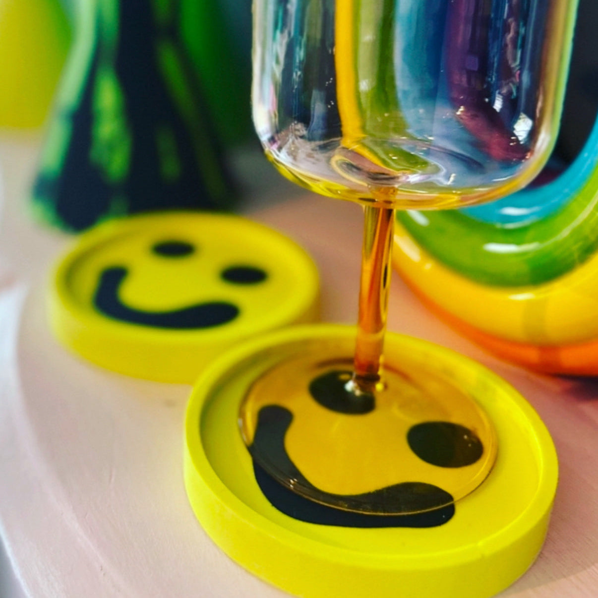 Coaster Set - Smiley - Neon Yellow